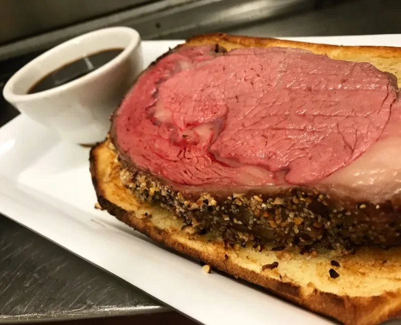Open faced prime rib sandwich